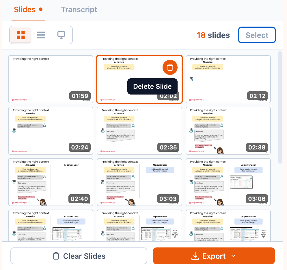 Manage and delete slides