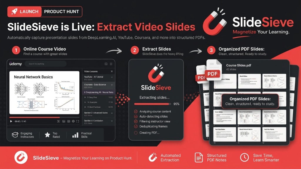 Cover image for: SlideSieve is Live on Product Hunt: Extract Slides from Online Course Videos