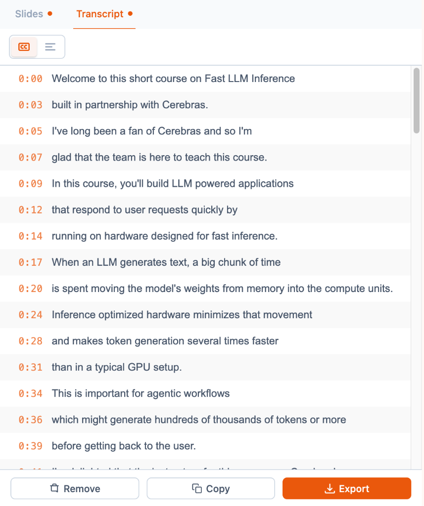 SlideSieve Real-Time Course Transcript View