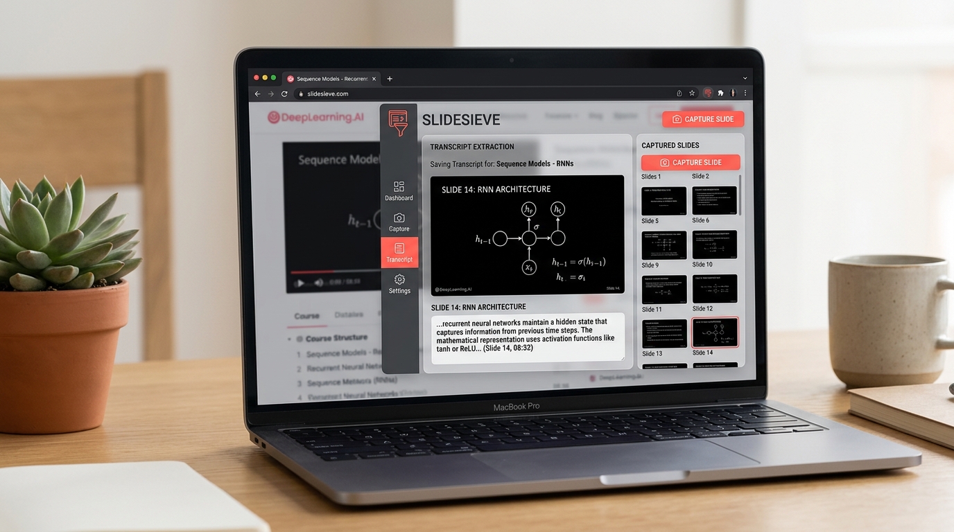 SlideSieve automatically capturing presentation slides from DeepLearning.AI video lectures