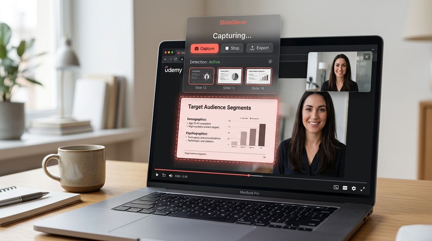 SlideSieve automatically capturing presentation slides from Udemy video lectures