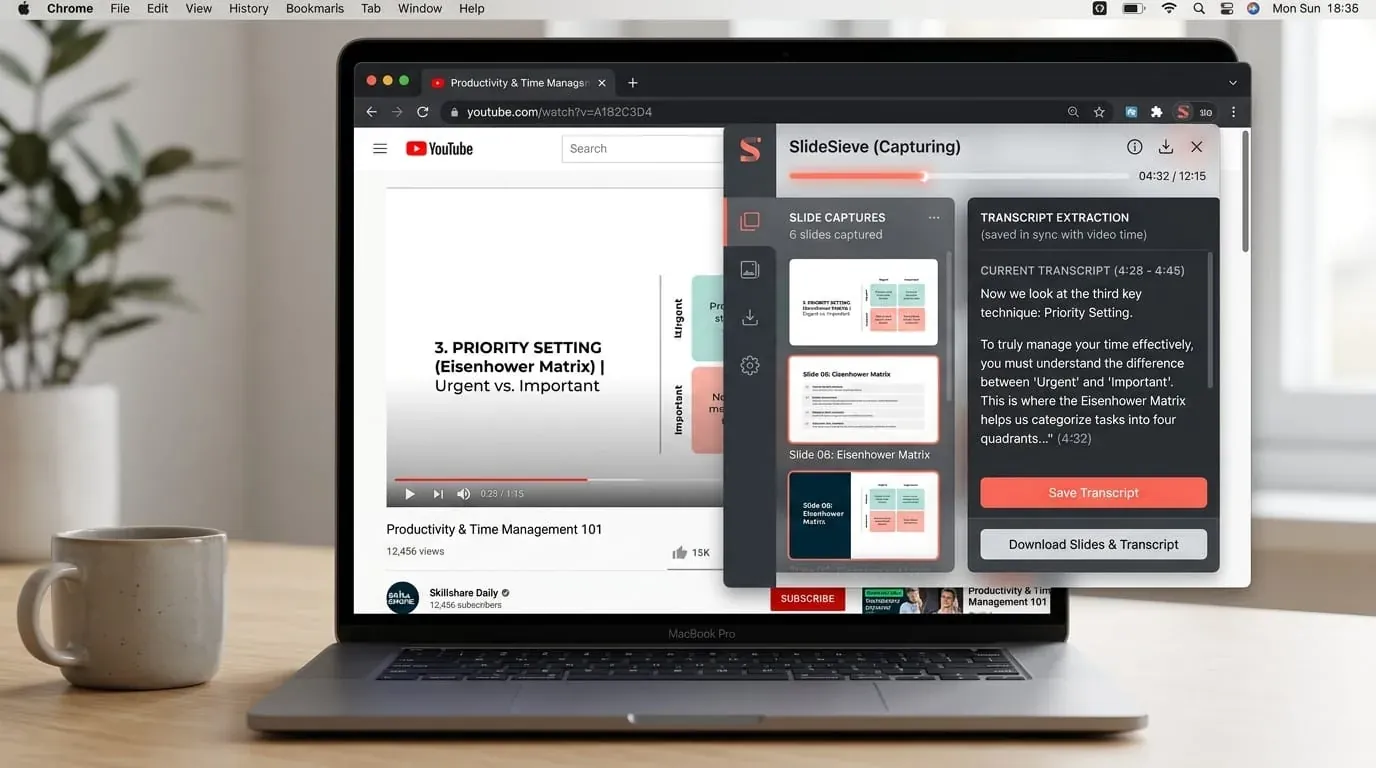 SlideSieve automatically capturing presentation slides from YouTube video lectures